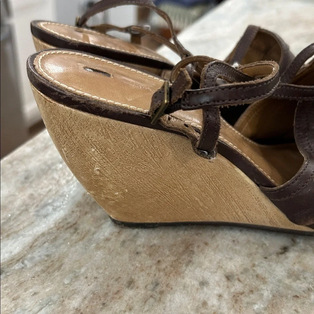 Schuler & Sons Philadelphia peep toe wedge shoes size 40 buckle strap brown